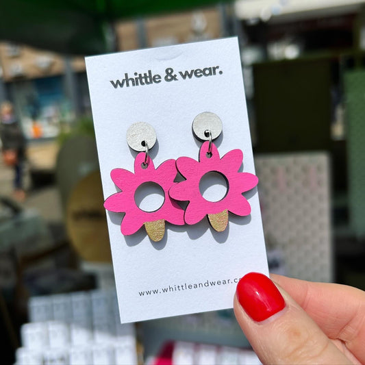 Hand painted wooden dangles. Flower - pink and gold