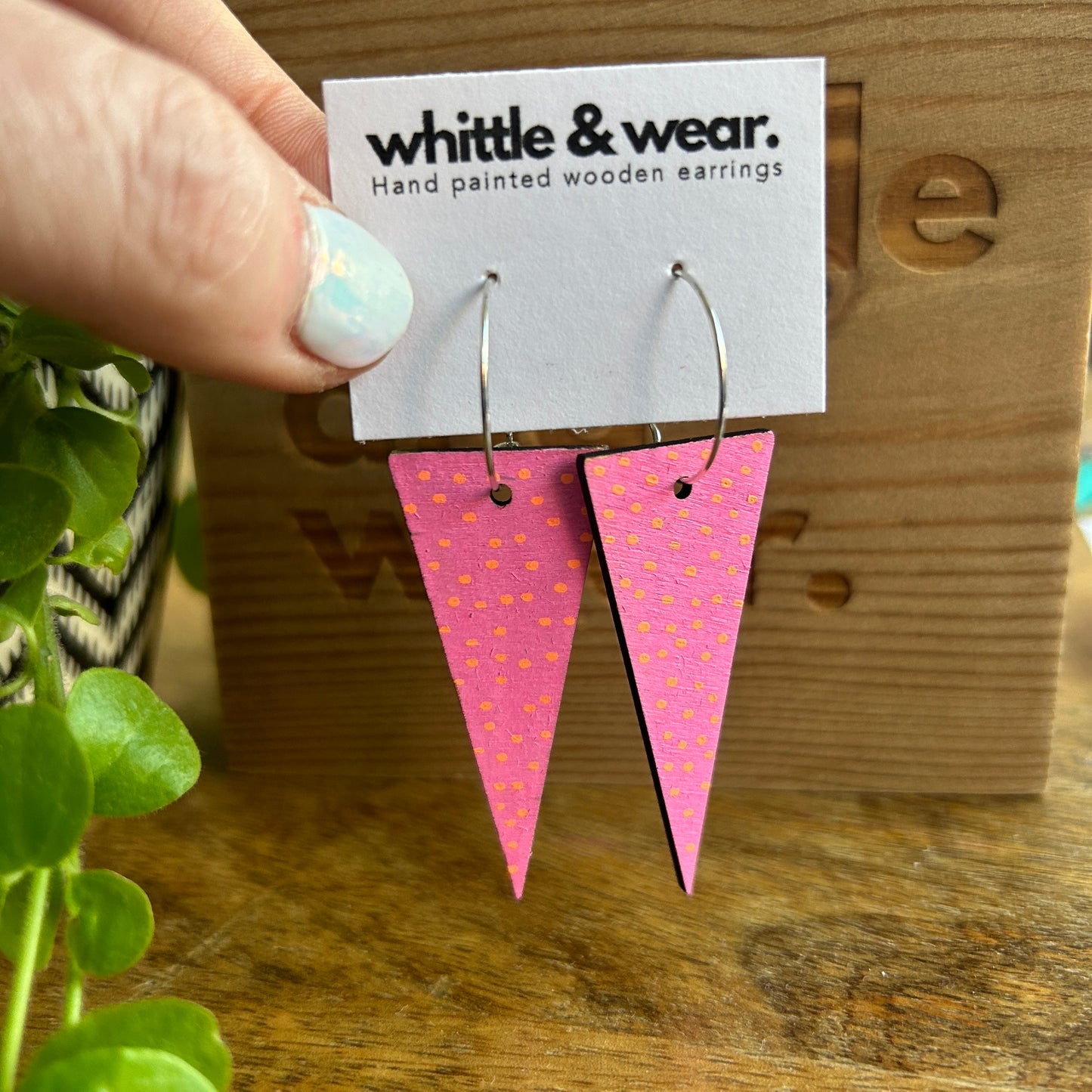 Triangular dangles. Pink with orange spots