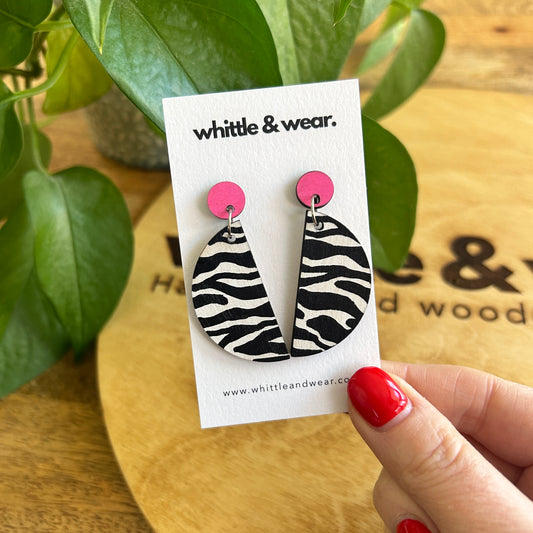 Hand painted wooden dangles. Semi circle - zebra and pink