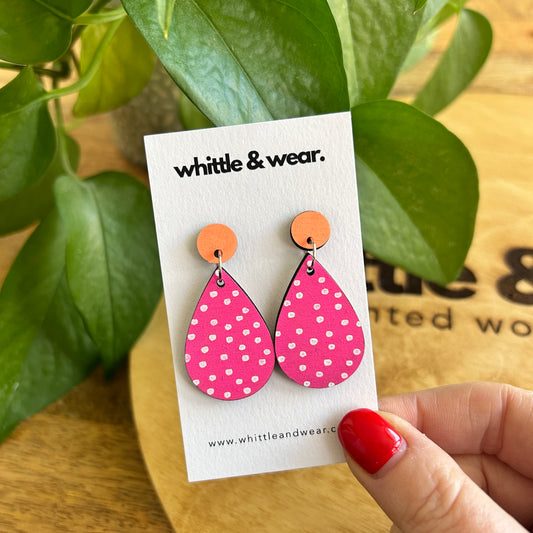 Hand painted wooden dangles. Tear drop - pink with white spots
