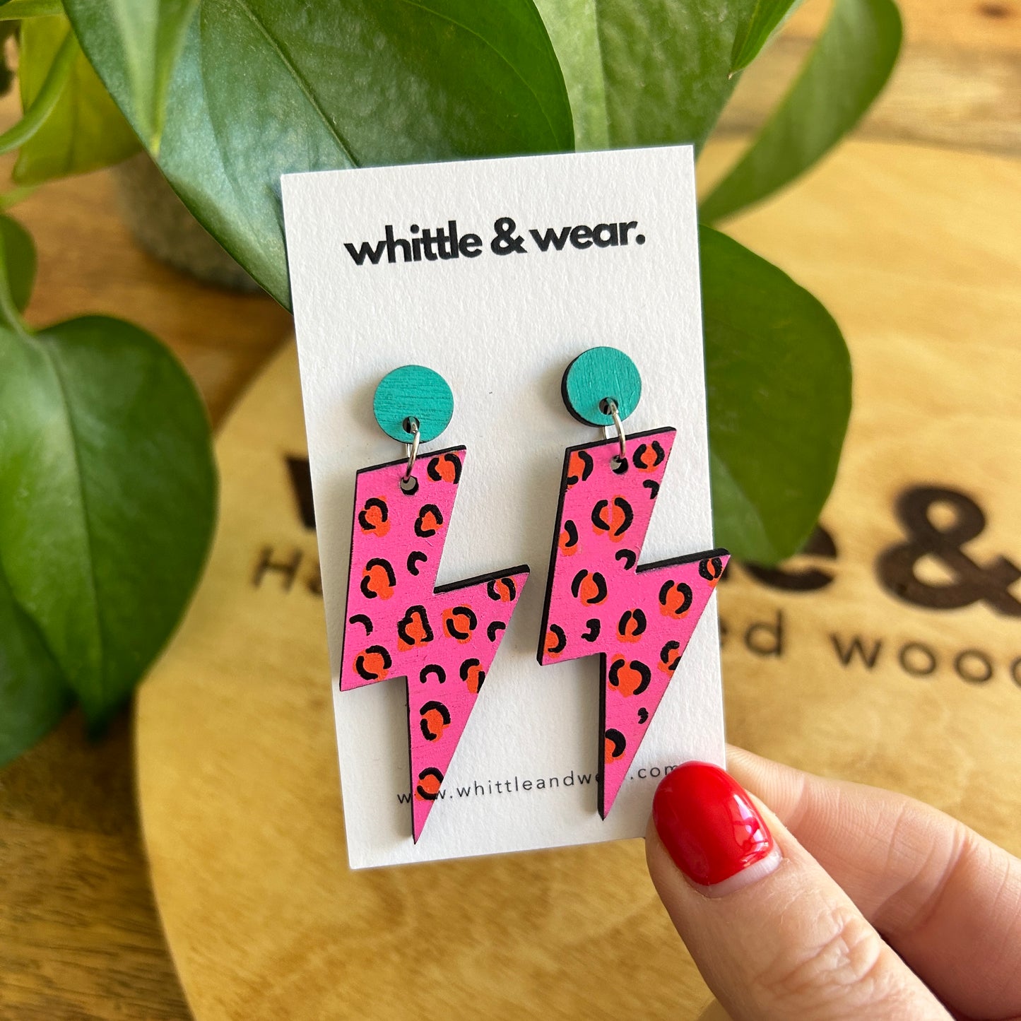 Hand painted wooden dangles. Lightning Bolt - pink and orange