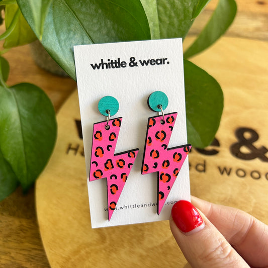 Hand painted wooden dangles. Lightning Bolt - pink and orange