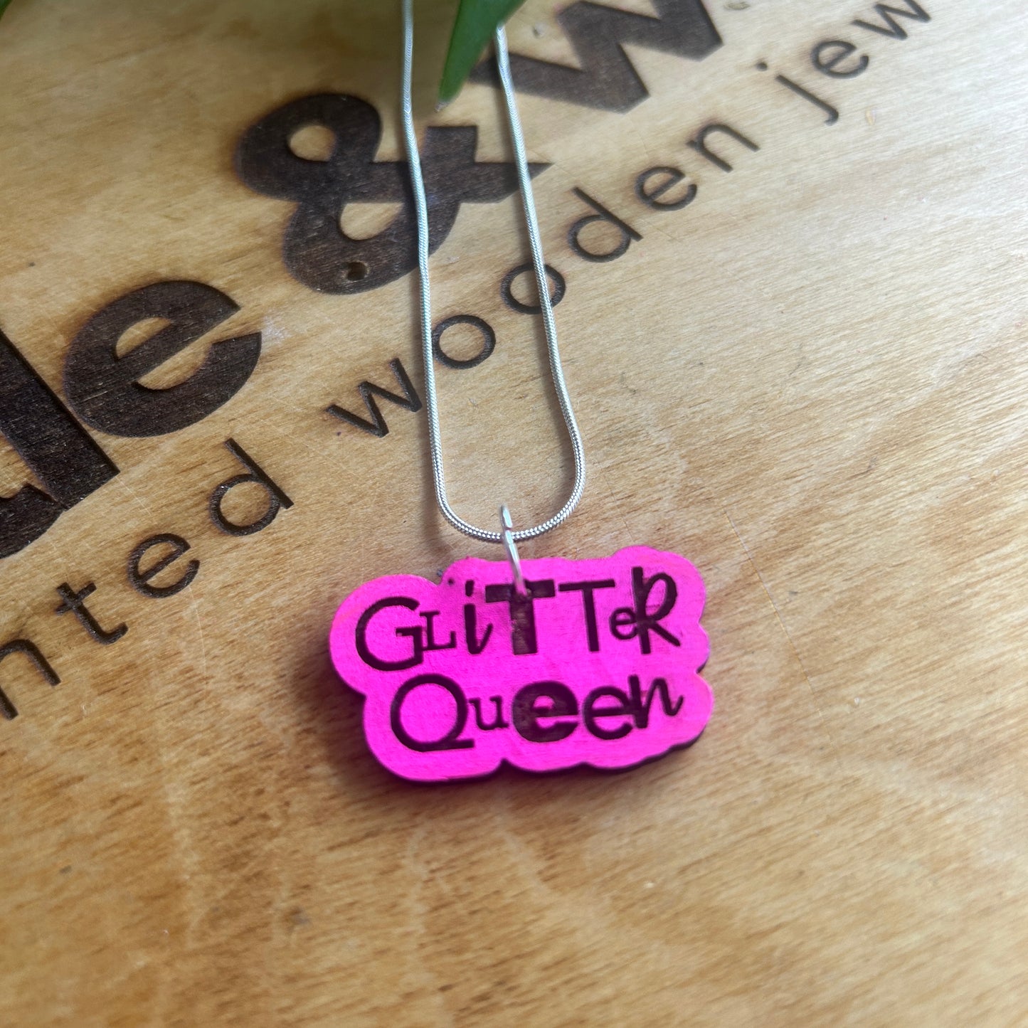 Hand painted wooden necklace - glitter queen