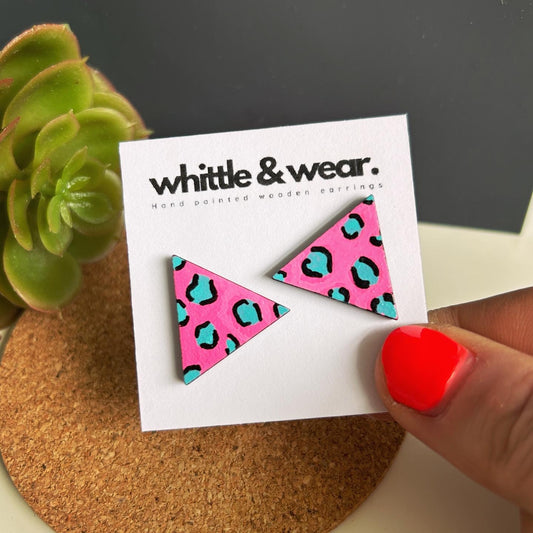 Triangular studs. Pink and turquoise animal print