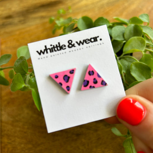 Triangular studs. Pink and purple animal print