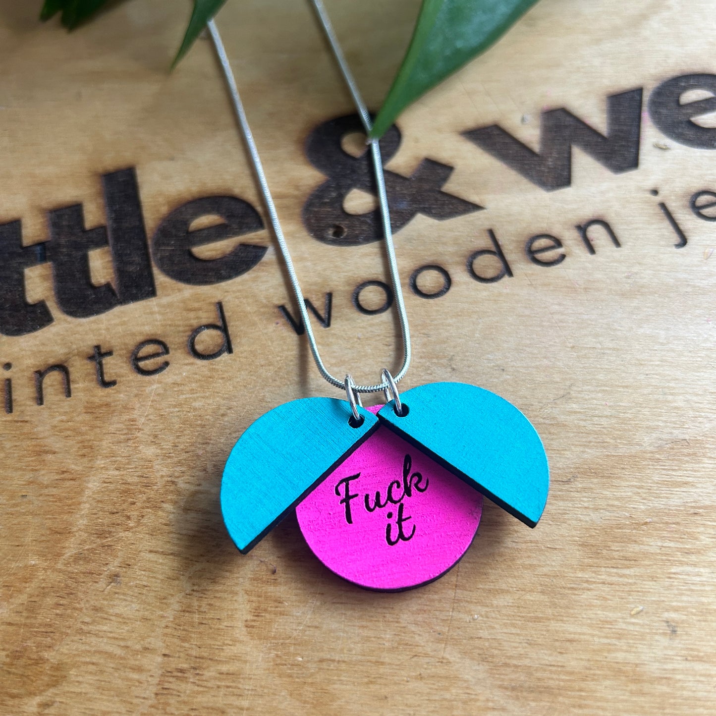 Hand painted wooden necklace - hidden message - fuck it