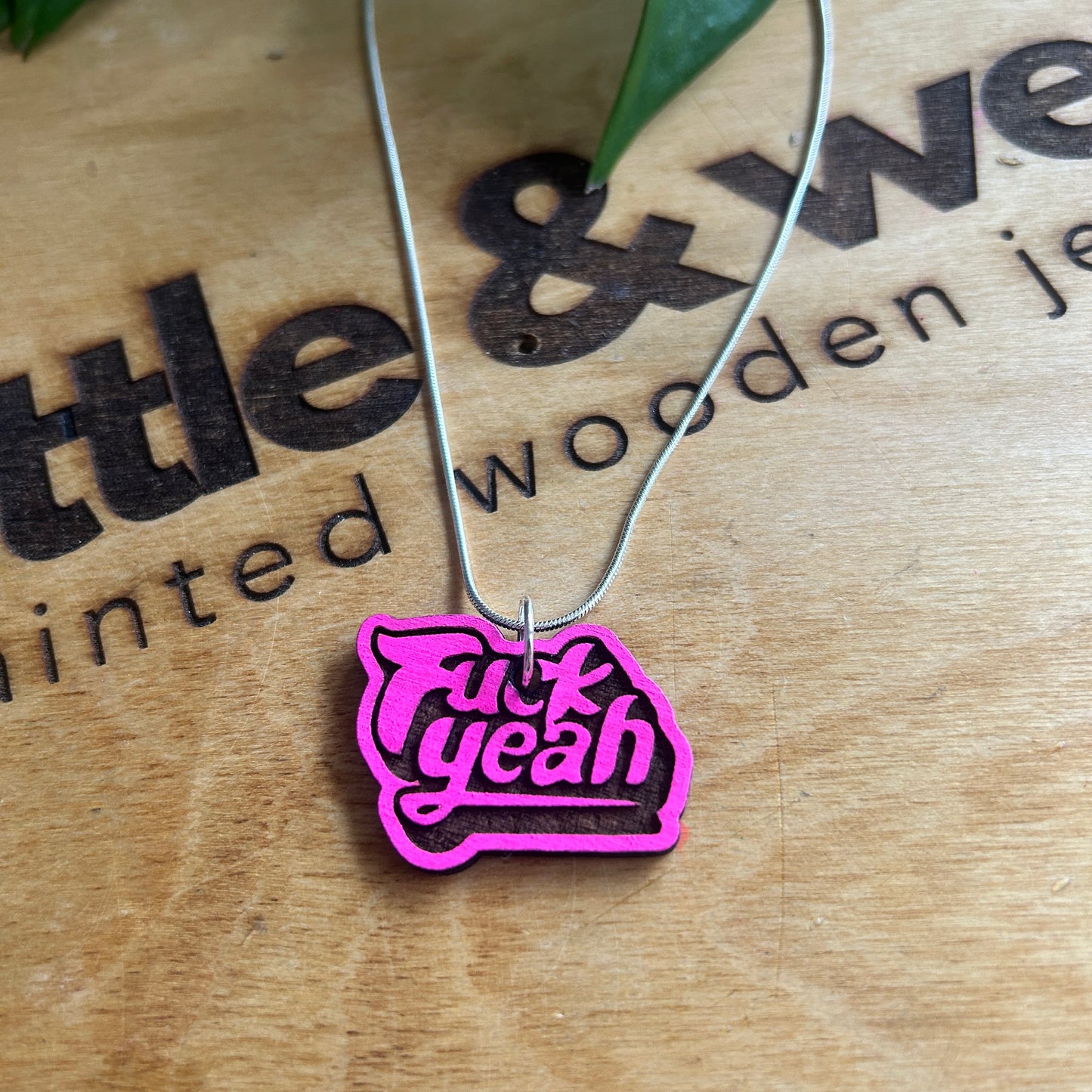 Hand painted wooden necklace - Fuck Yeah