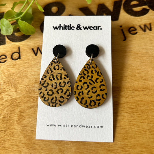 Hand painted wooden dangles. Tear drop - black and gold animal print