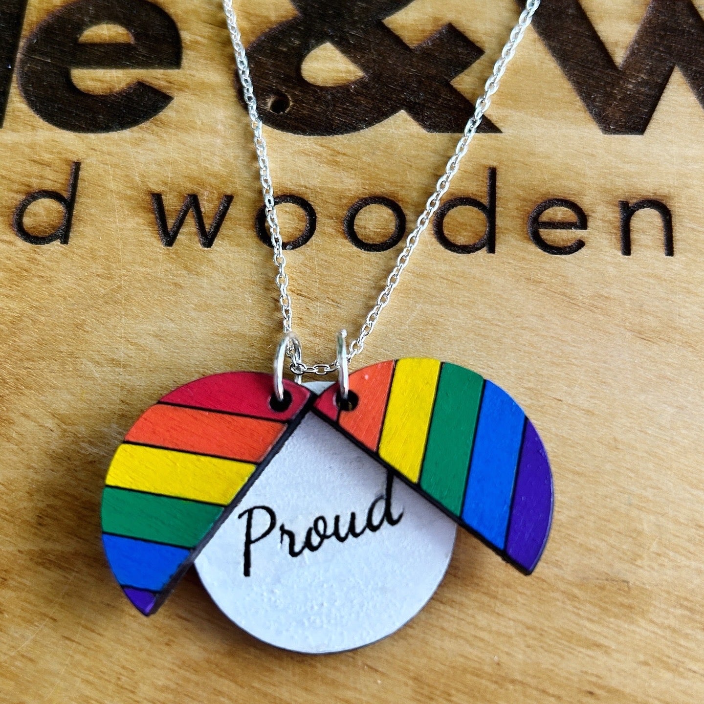 Hand painted wooden necklace - hidden message - proud