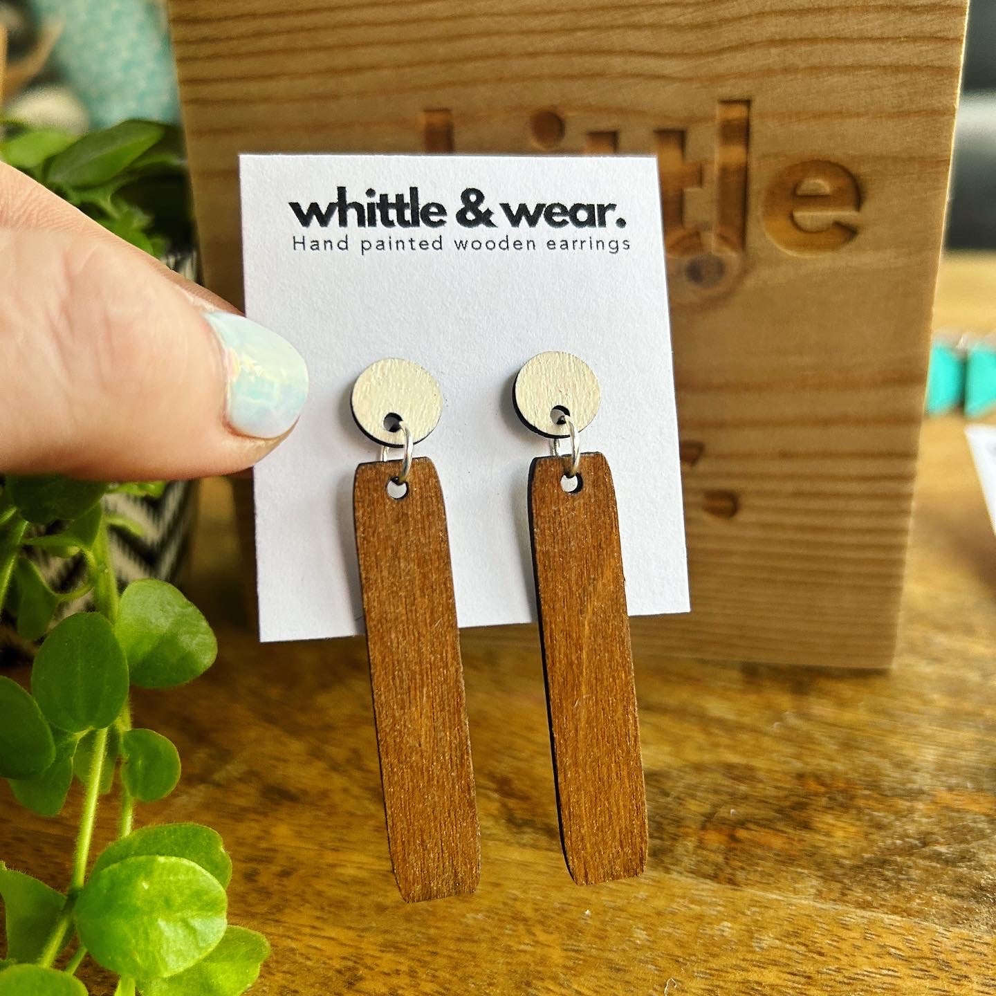 Hand painted wooden dangles. Straight