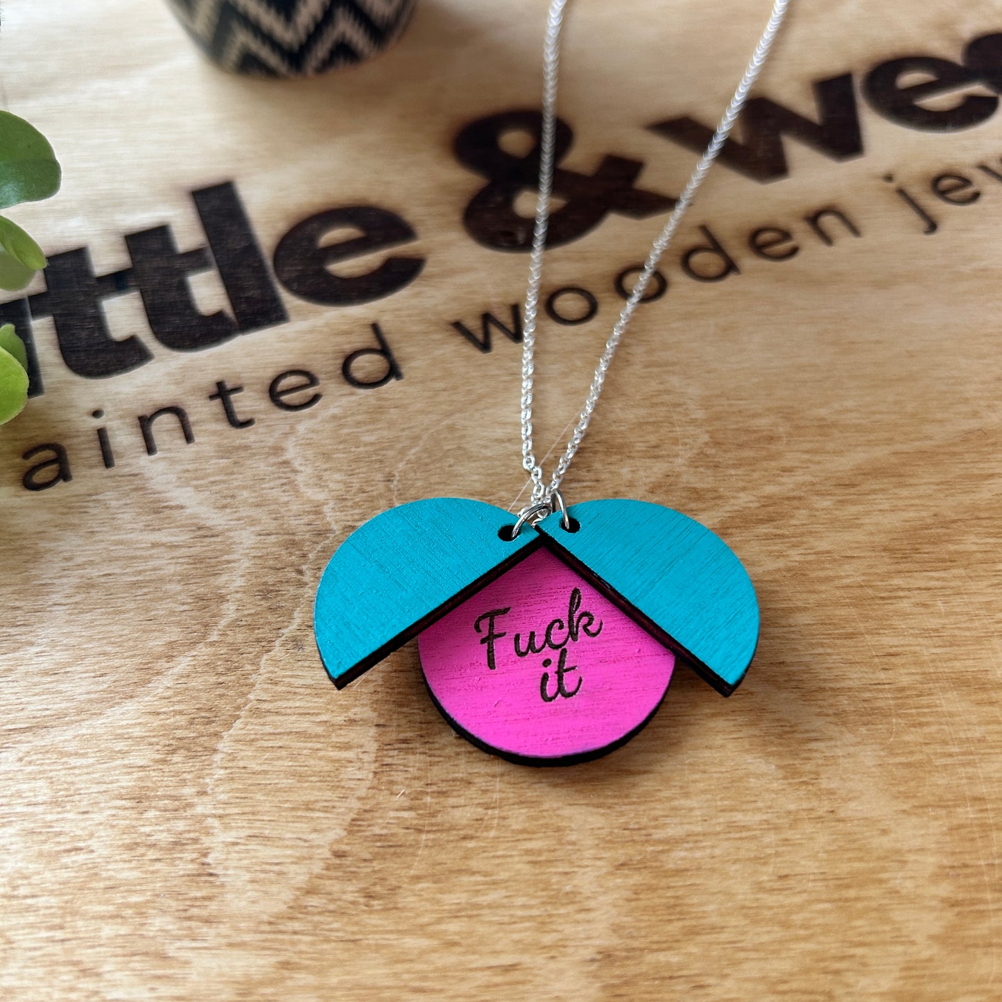 Hand painted wooden necklace - hidden message - fuck it