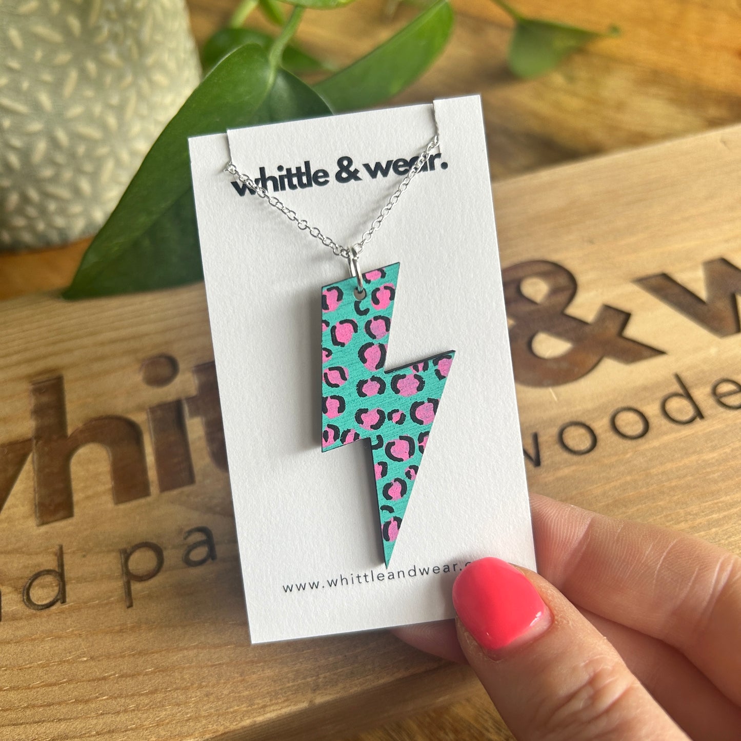 Hand painted wooden necklace - lightning bolt - turquoise