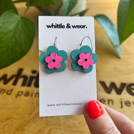 Stacked Hoops - flower. Turquoise and Pink